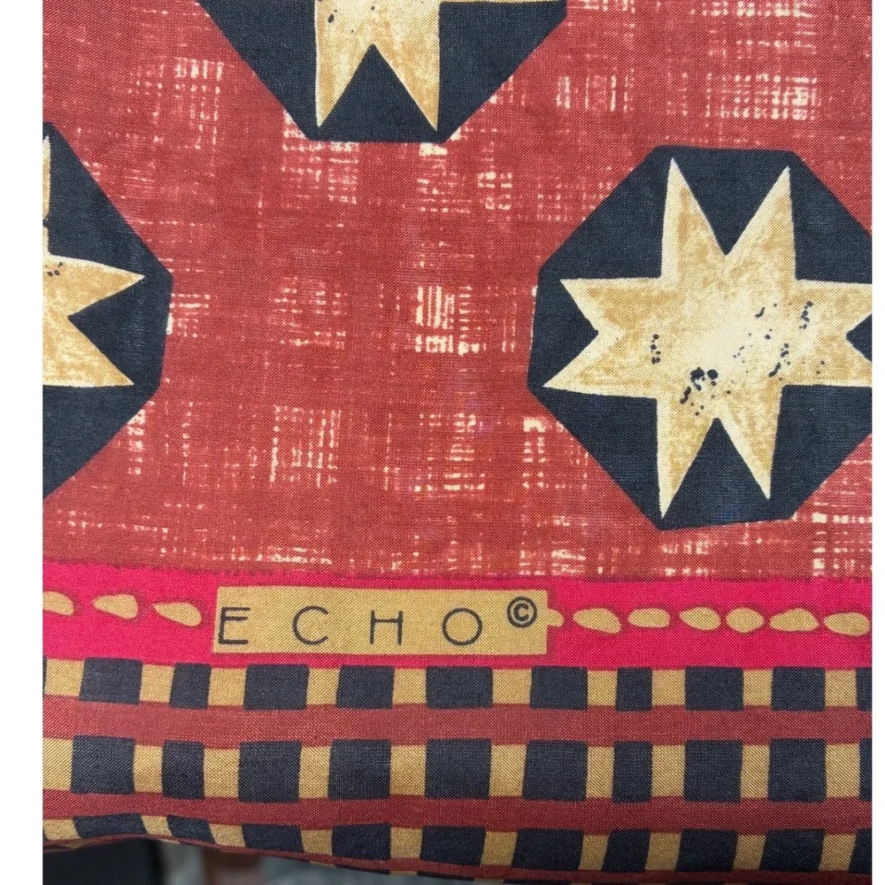 Echo Square Scarf Star Checkered Rust Black Gold Eyelash Fringe 22in